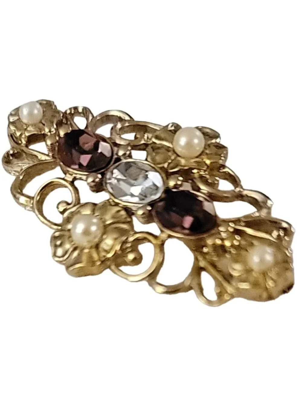 1928 Brand Gold Tone Victorian Style Glass Rhinestone Flower Brooch Pin K530